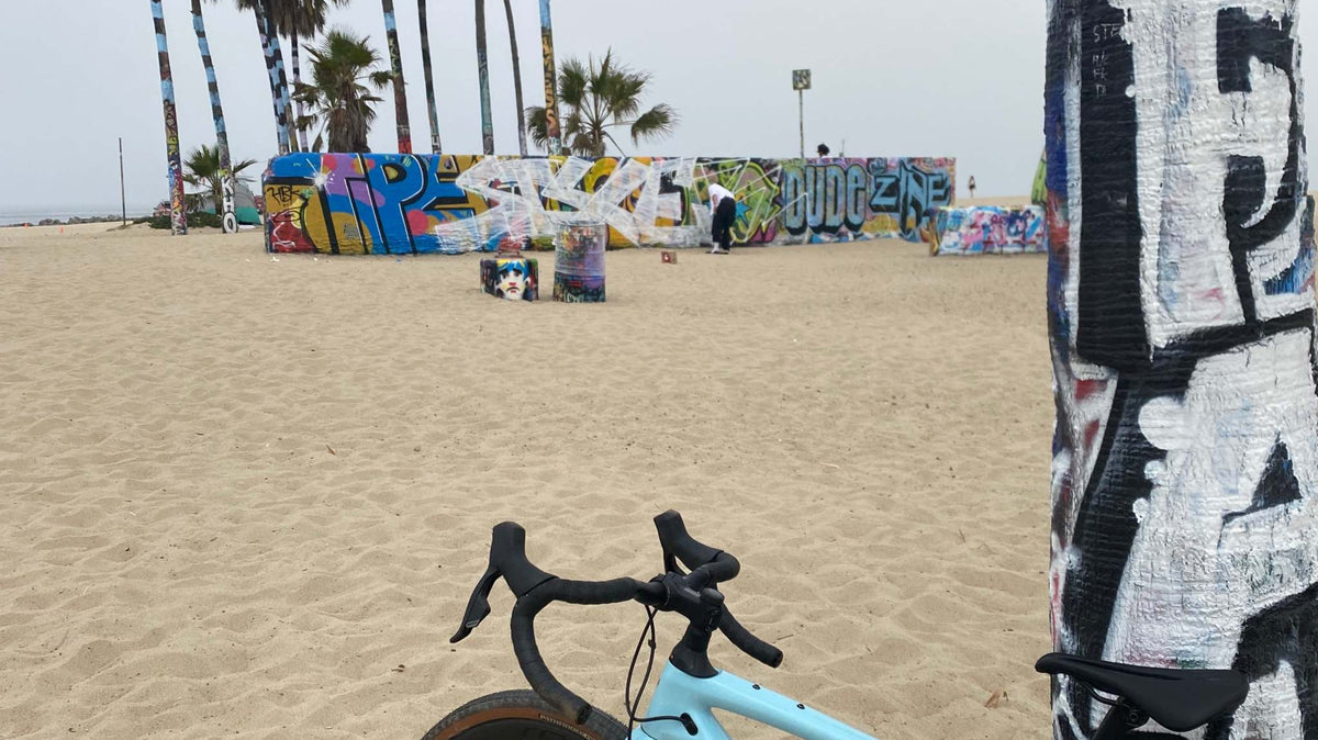 Blue Specialized flow mountain bike parked on sandy beach near graffiti-covered pole and palm trees at Venice Beach, California