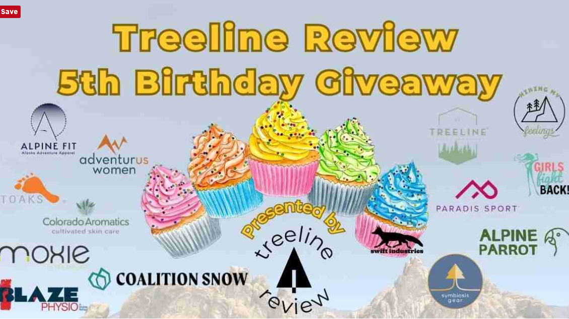 Colorful cupcakes celebrating Treeline Review's 5th Birthday Giveaway with logos of women-owned outdoor brands on a mountain background.