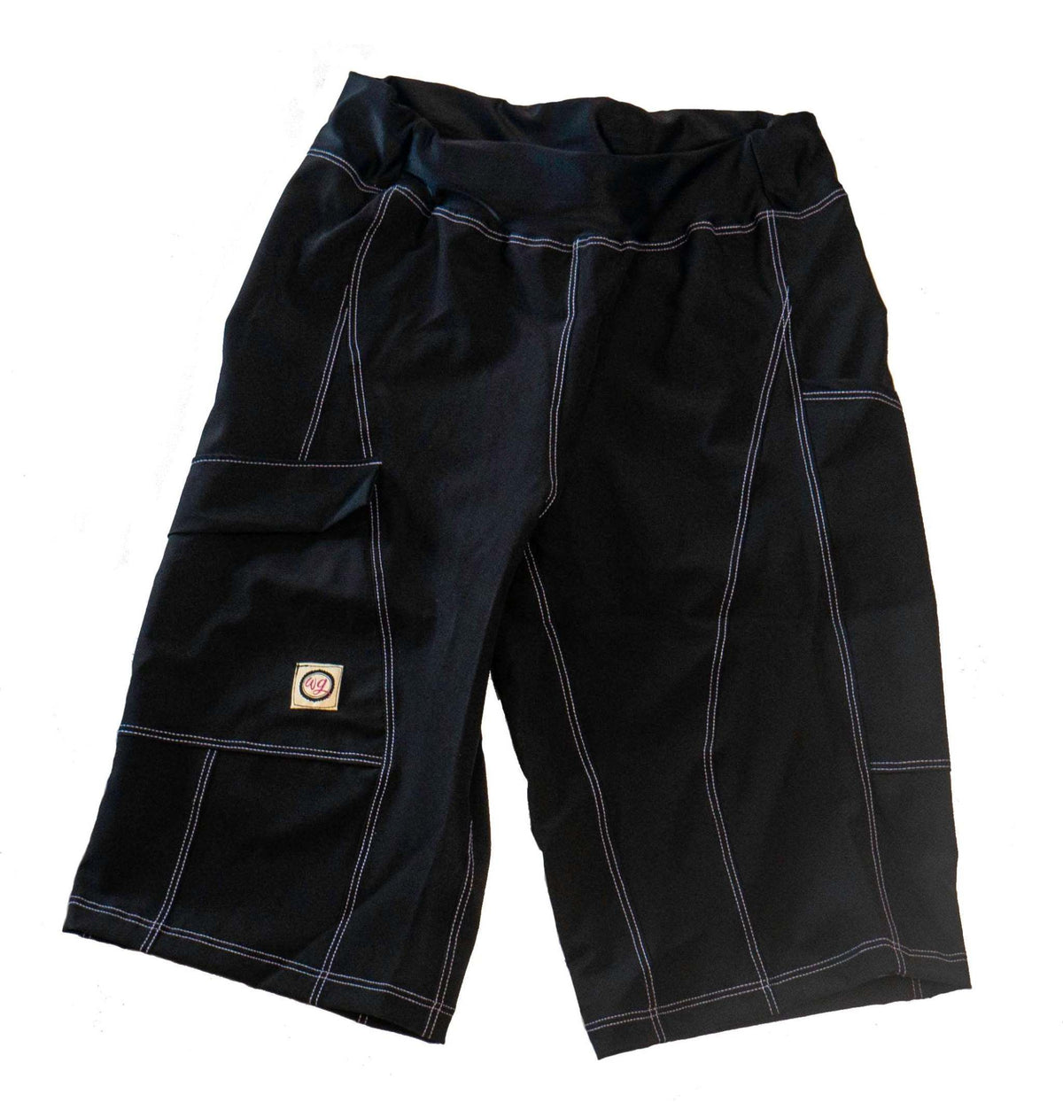 Women's Mountain Short - Jet Black with yoga waistband and pockets, featuring moisture-wicking stretch fabric and purple top stitching.