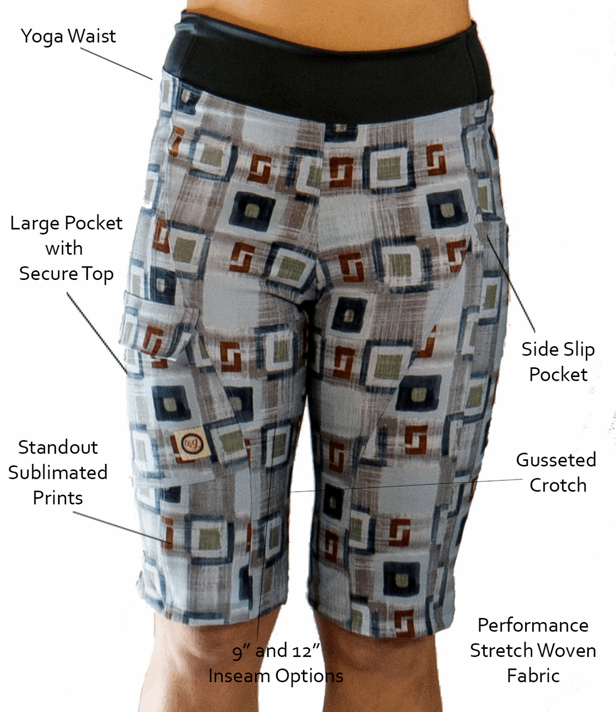 Mountain Short - Hopscotch Plaid women's bike shorts with yoga waist, gusseted crotch, and secure pockets.
