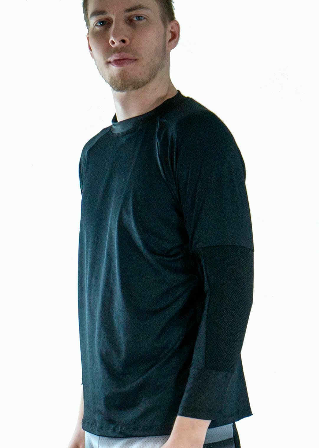Men's black G-Form Mountain Bike Jersey with removable elbow pads, shown on male model.