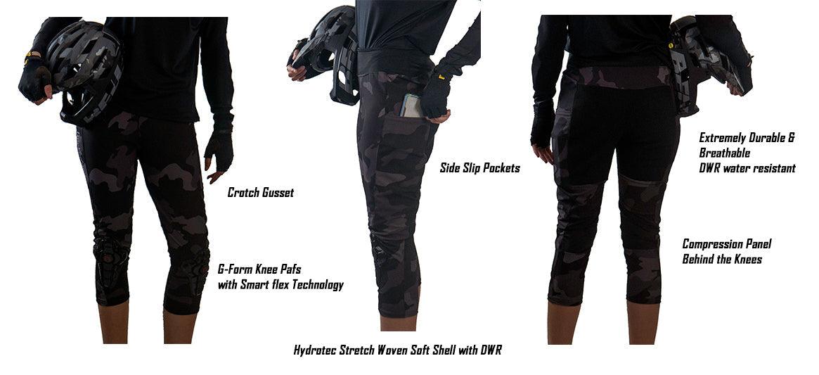 Women's rugged MTB pants with G-Form knee protection — moisture-wicking trail apparel