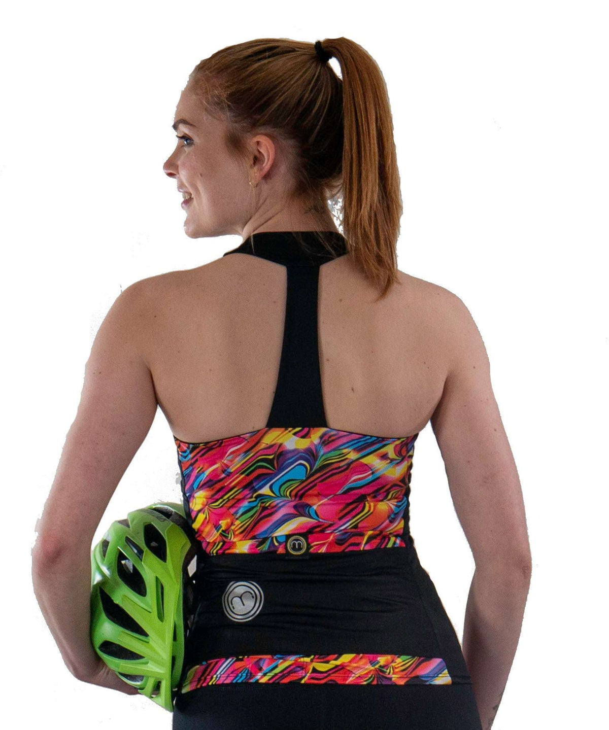 High Visibility Cycling Top -Wave with T-back design, colorful pattern, and oversized back pockets.