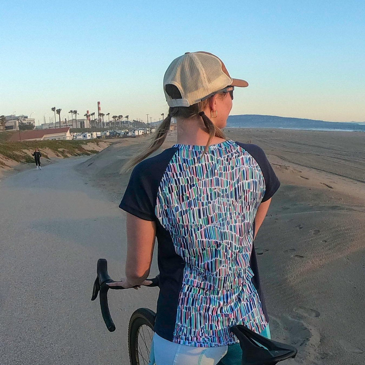 Moxie Tee Jersey Blues with moisture-wicking fabric for biking.