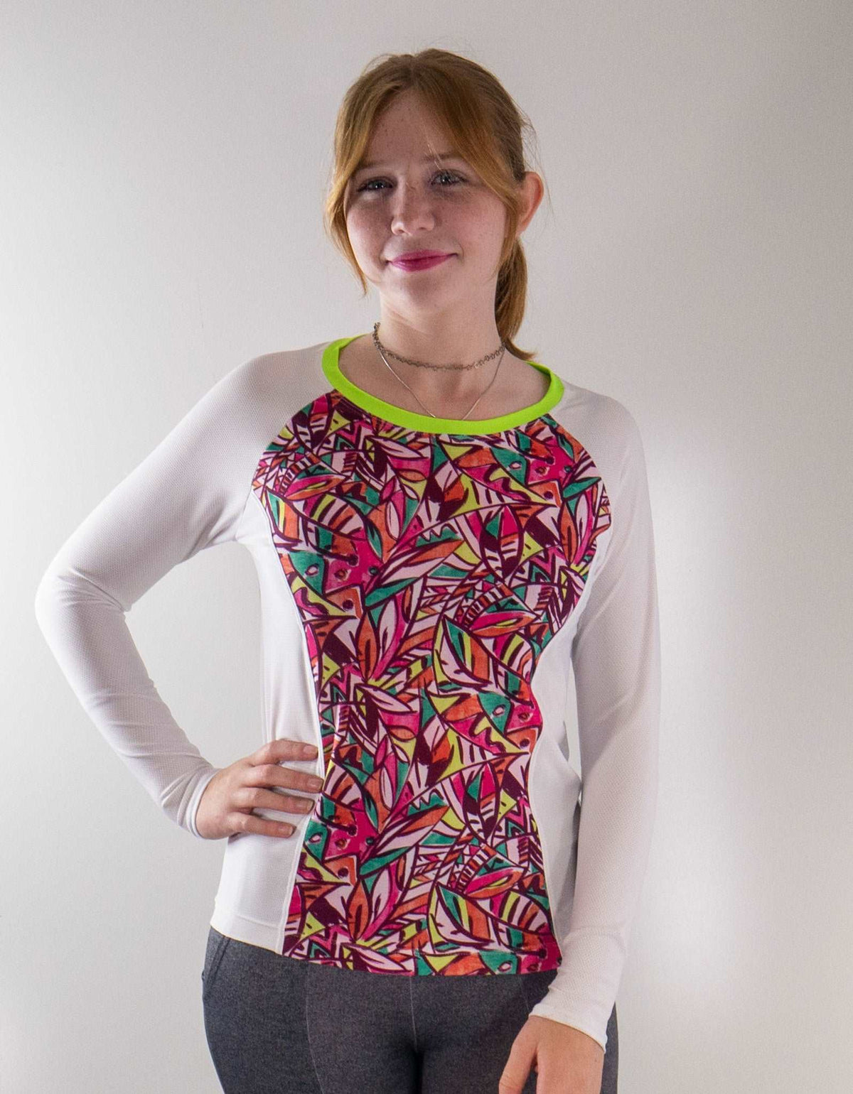Moxie Tee Jersey High Visibility Fifi with colorful patterned front panel and long sleeves.