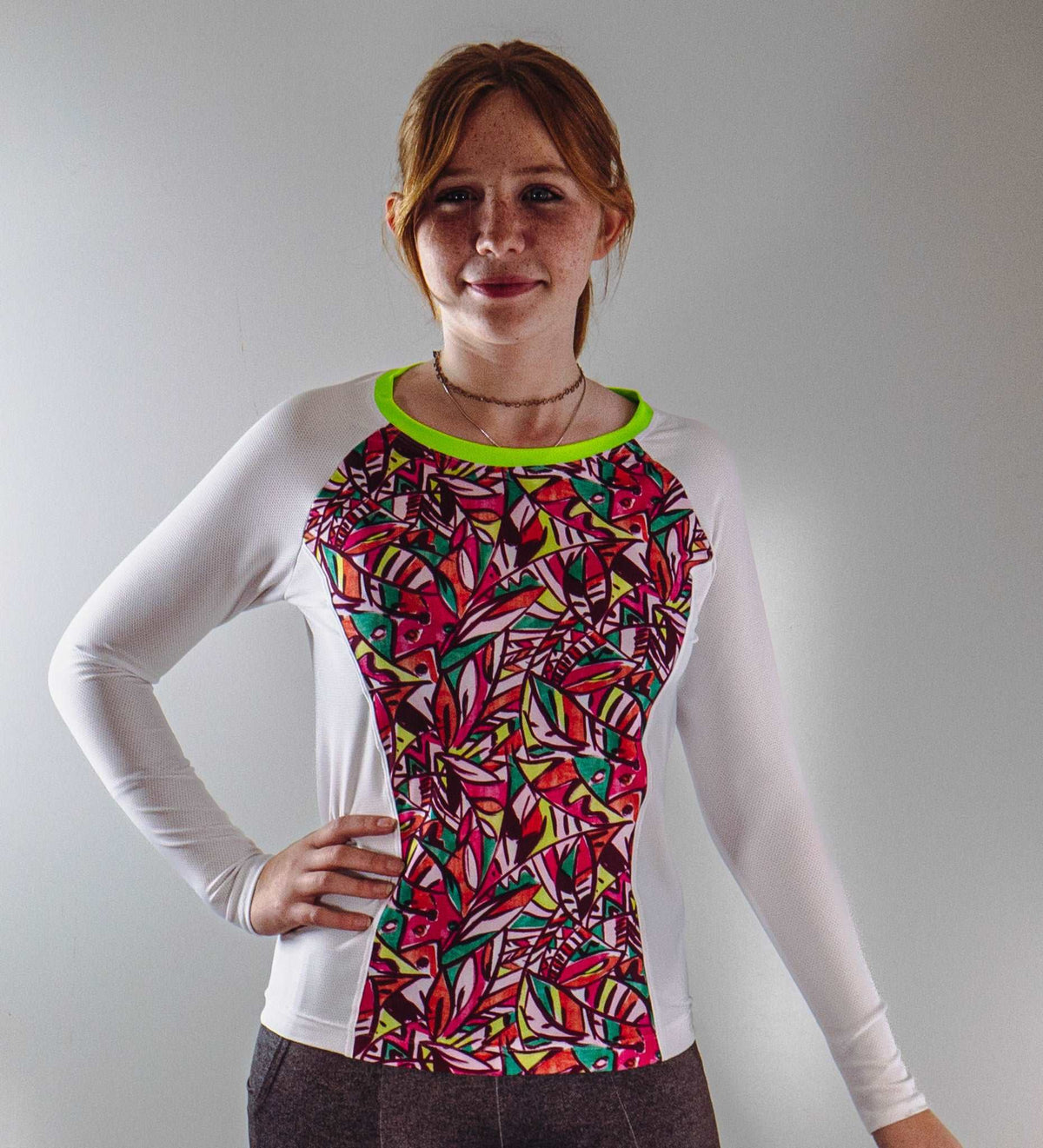 Moxie Tee Jersey High Visibility Fifi with colorful pattern and long sleeves.