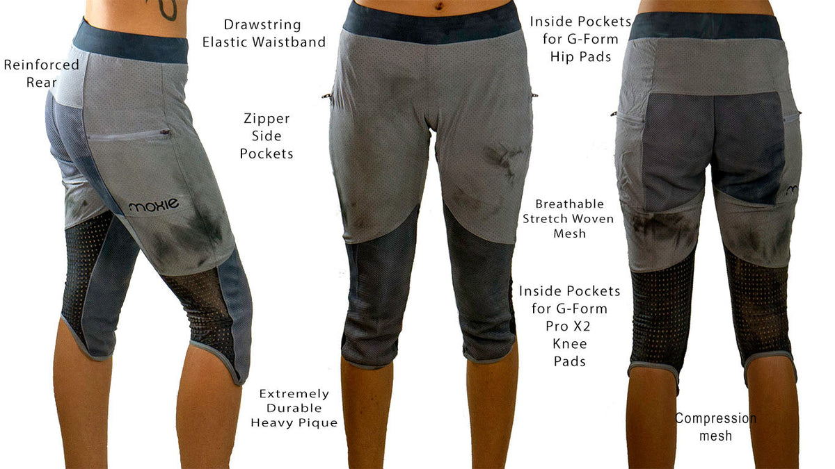 Women's mountain bike pants with removable G-Form hip and knee pads, breathable stretch mesh, reinforced rear, elastic drawstring waistband, and zippered side pockets.