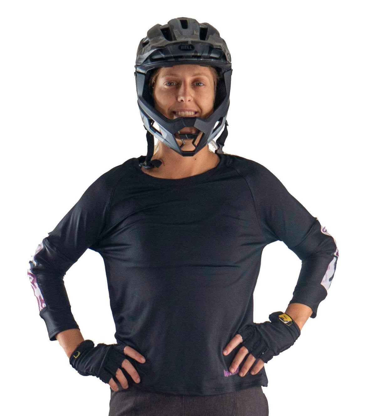 Mountain Bike Top Jet Black with removable elbow pads and durable stretch.