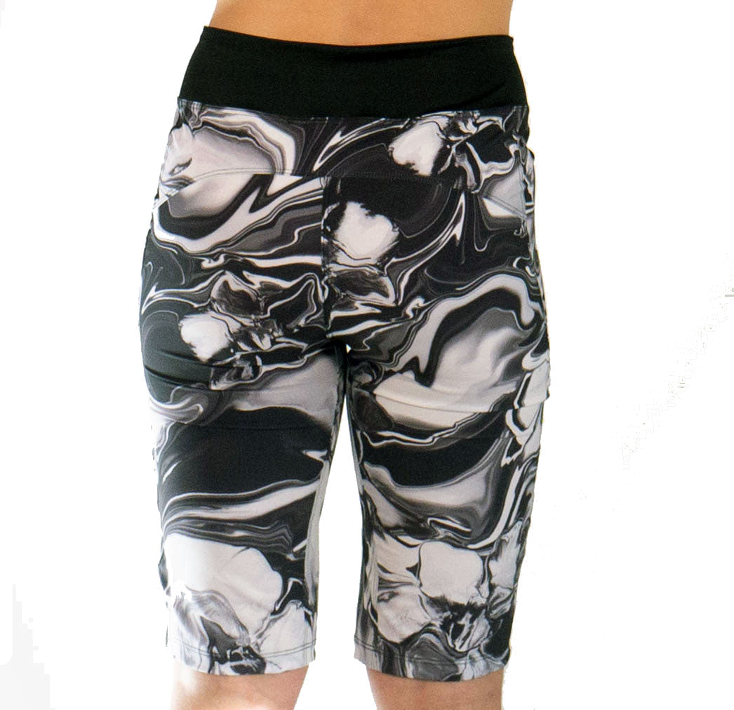 Women's mountain bike shorts with yin-yang design, featuring stretchy fabric, comfortable waistband, and versatile pockets.