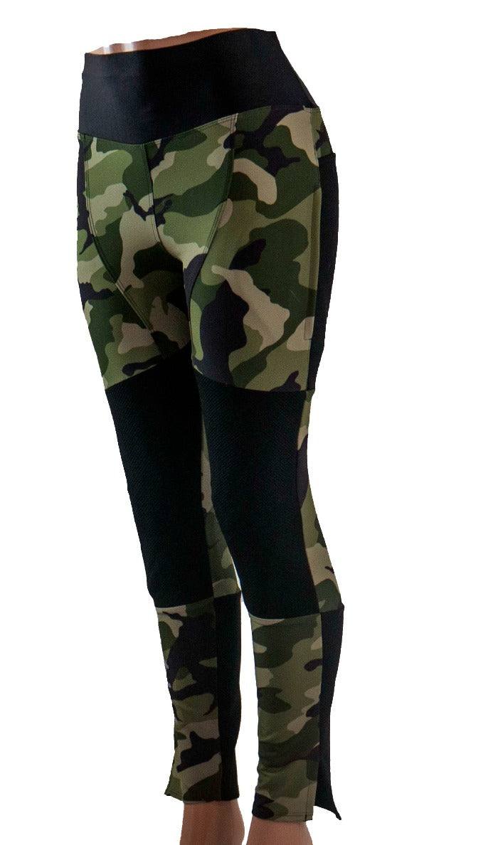 Mountain bike pants olive camo with ultra-strong fabric and side zip pocket.