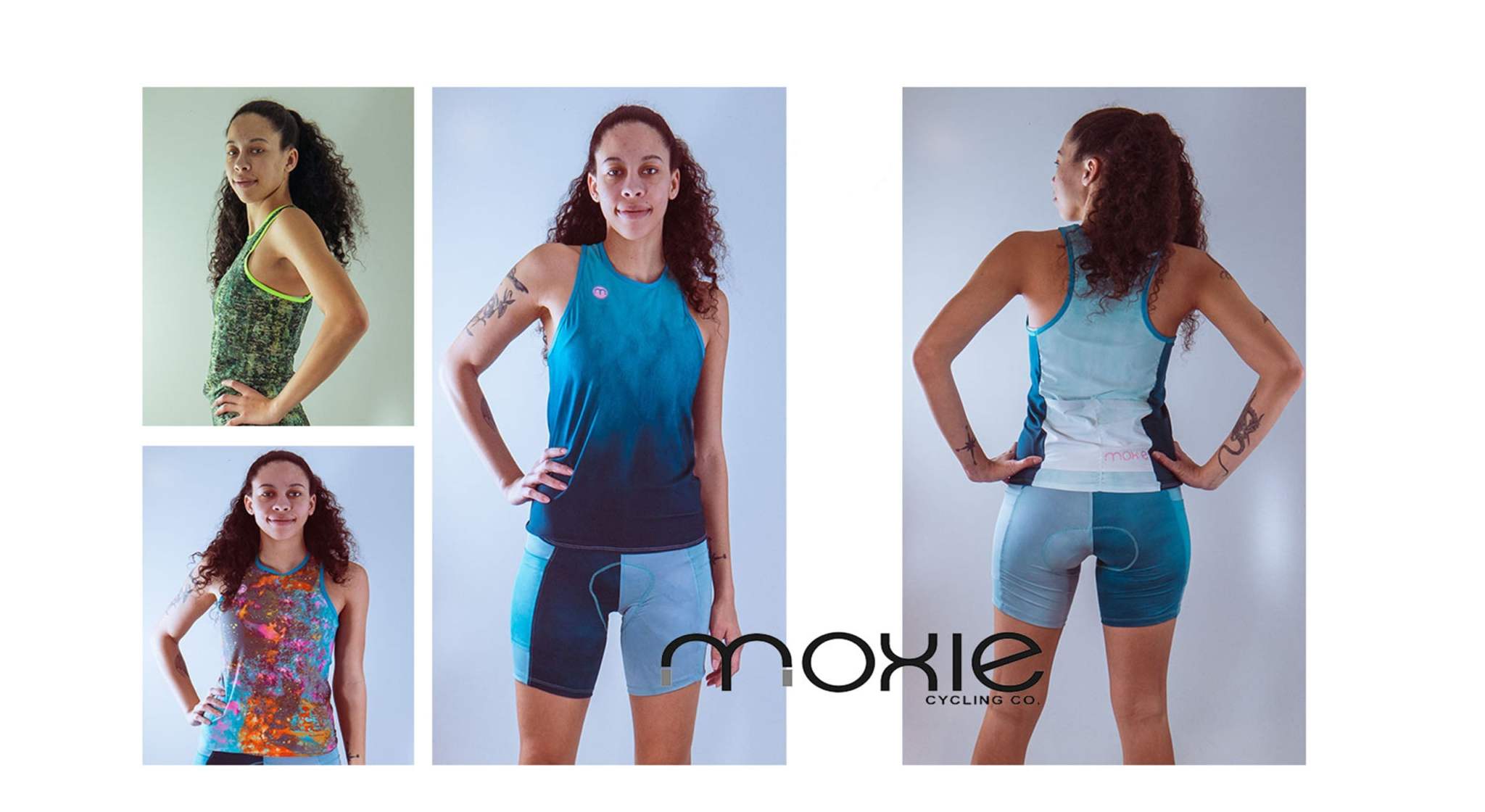 Woman wearing colorful technical cycling apparel made in Philly by Moxie Cycling Co.