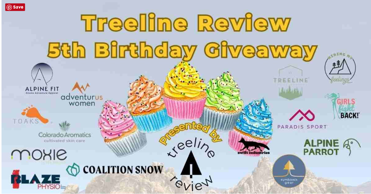 Colorful cupcakes celebrating Treeline Review's 5th Birthday Giveaway with logos of women-owned outdoor brands on a mountain background.