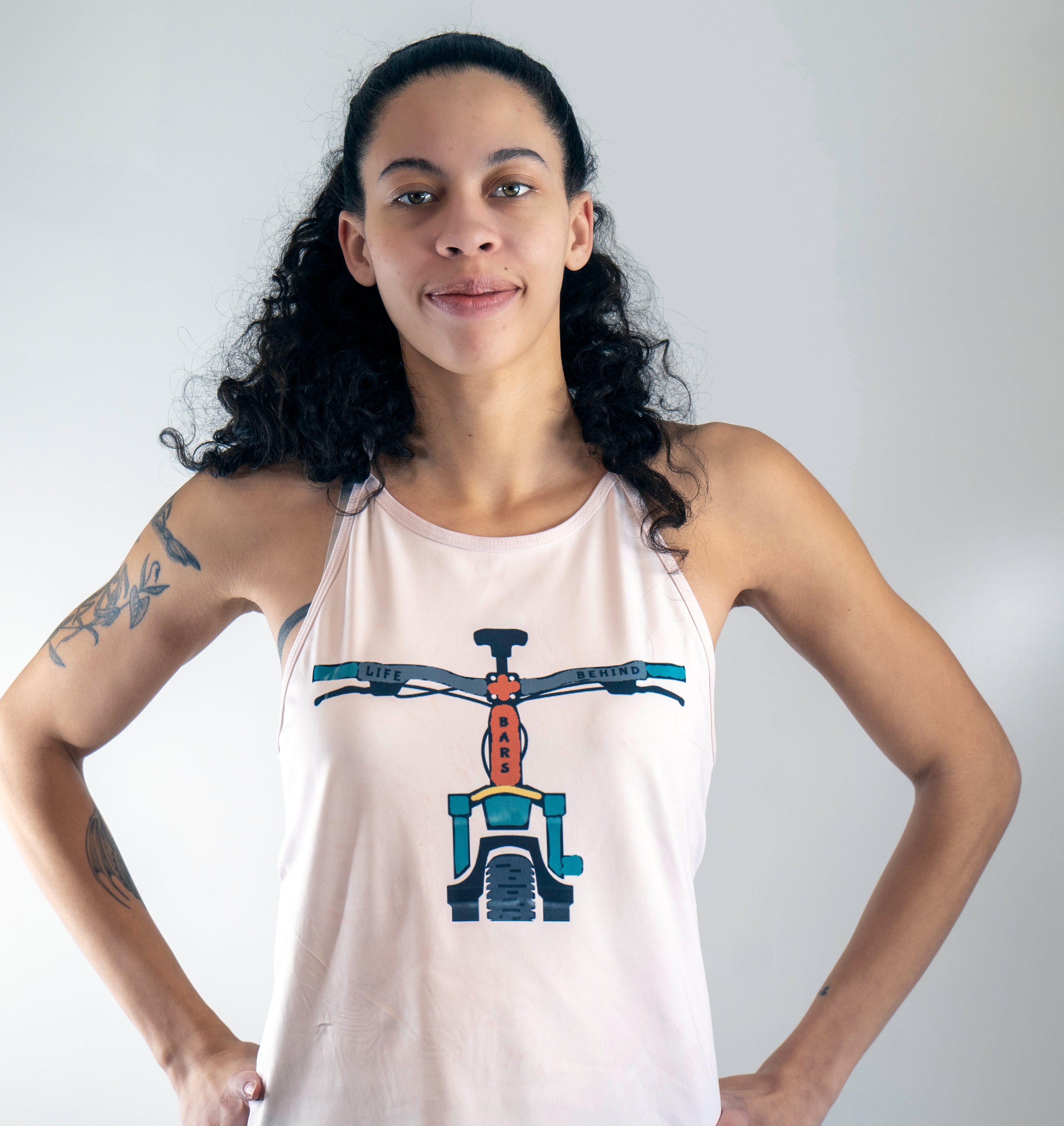 women's sleeveless jersey featuring hand dyed fabric and unique cycling art