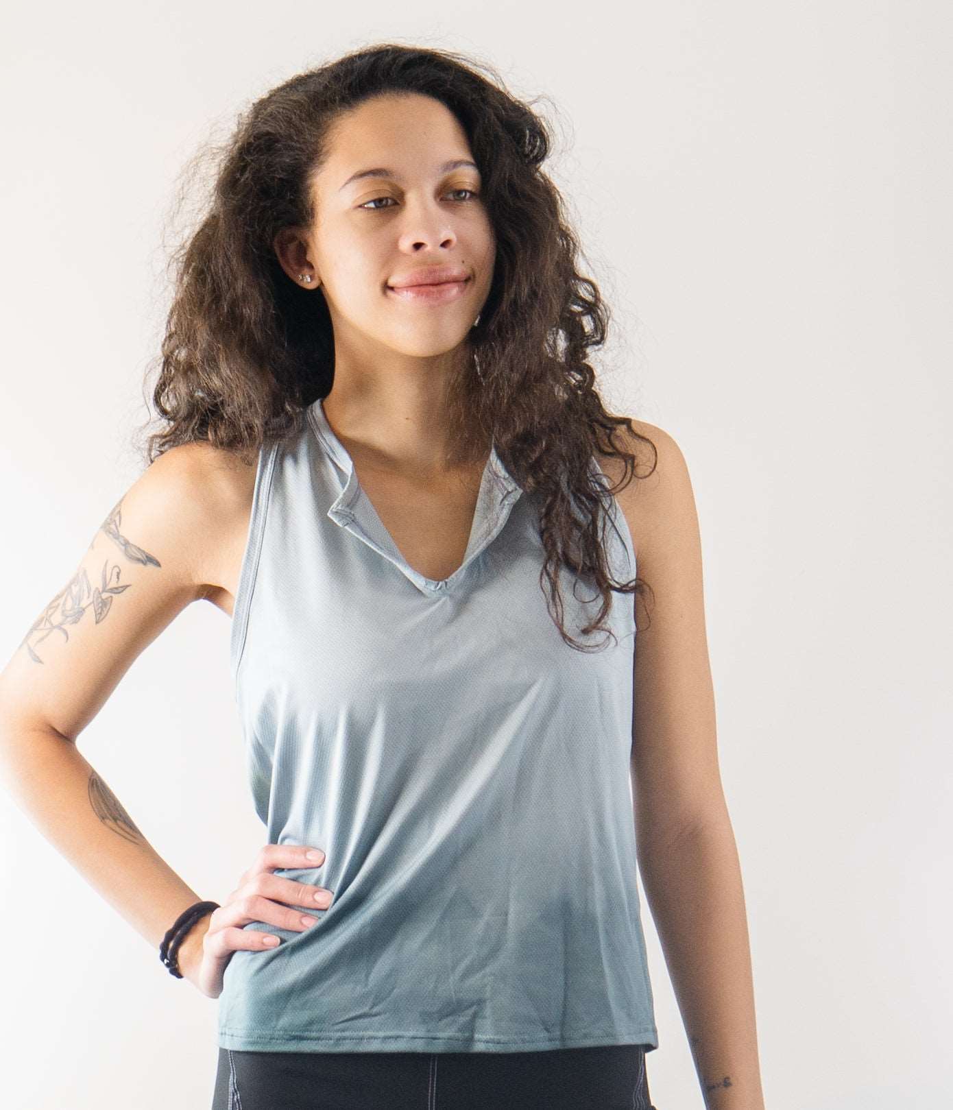 Trail Blazer Mountain Bike Top Grey with drop V neckline, breathable fabric, and back pockets.