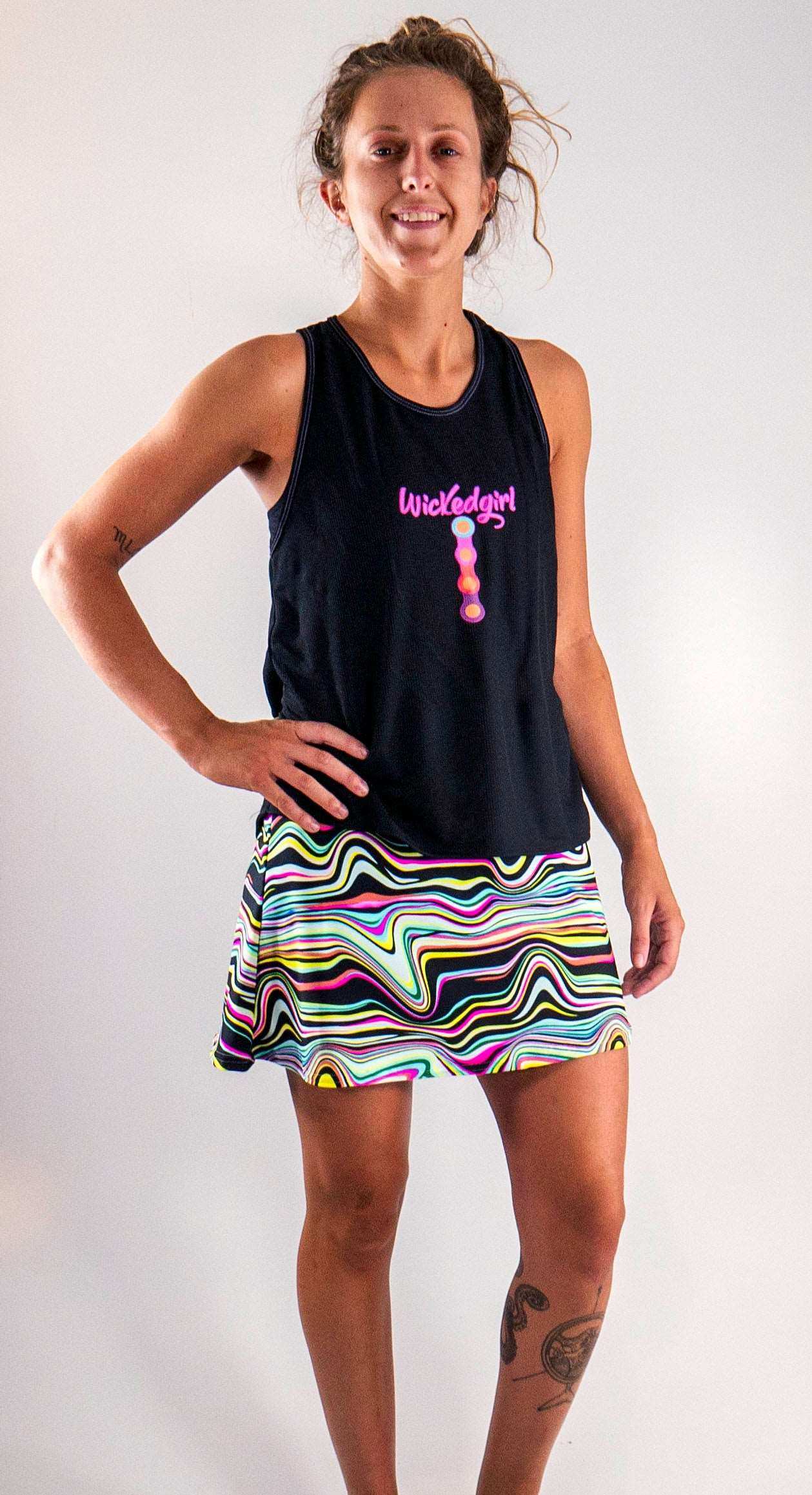 Sports Skirt- Wavey Stripes with colorful pattern and A-line cut, featuring stretch waist and lightweight fabric.