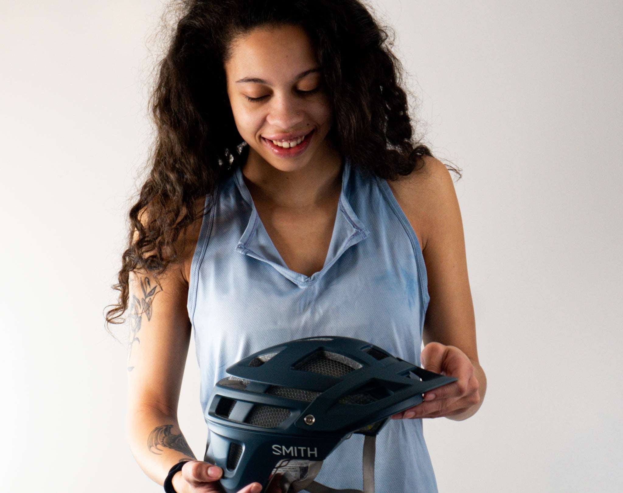 Trail Blazer Mountain Bike Top in Misty Blue, breathable fabric with drop V neckline and ventilation.