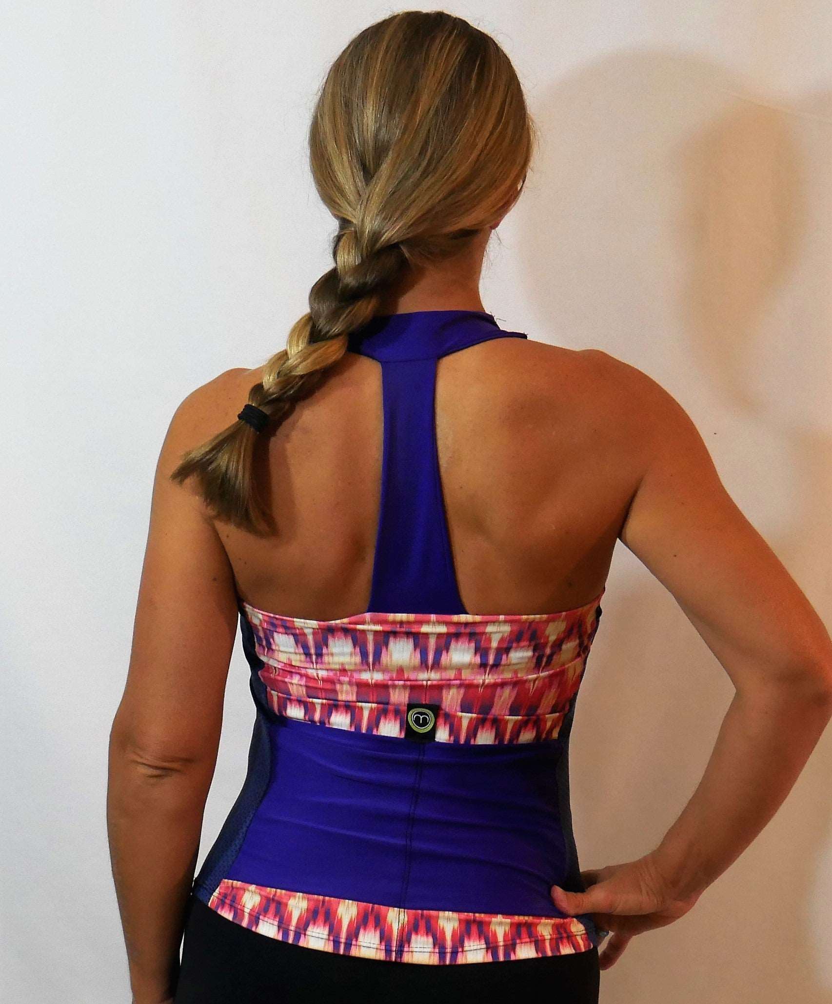 T-back jersey mod with built-in bra and colorful design.