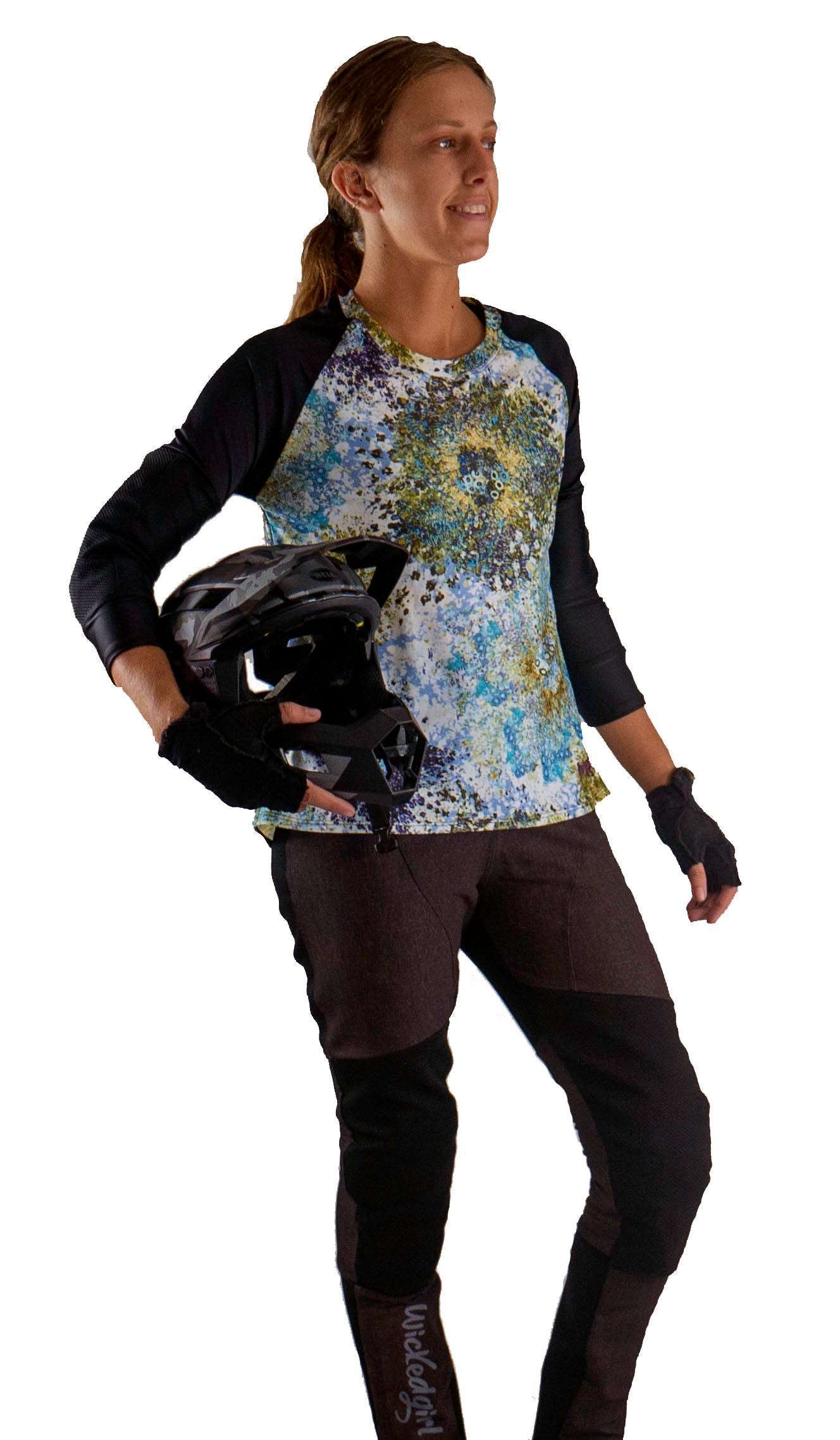 Mountain Bike Jersey Starlight with a colorful pattern, featuring comfortable G-Form elbow pads and durable stretch fabric.