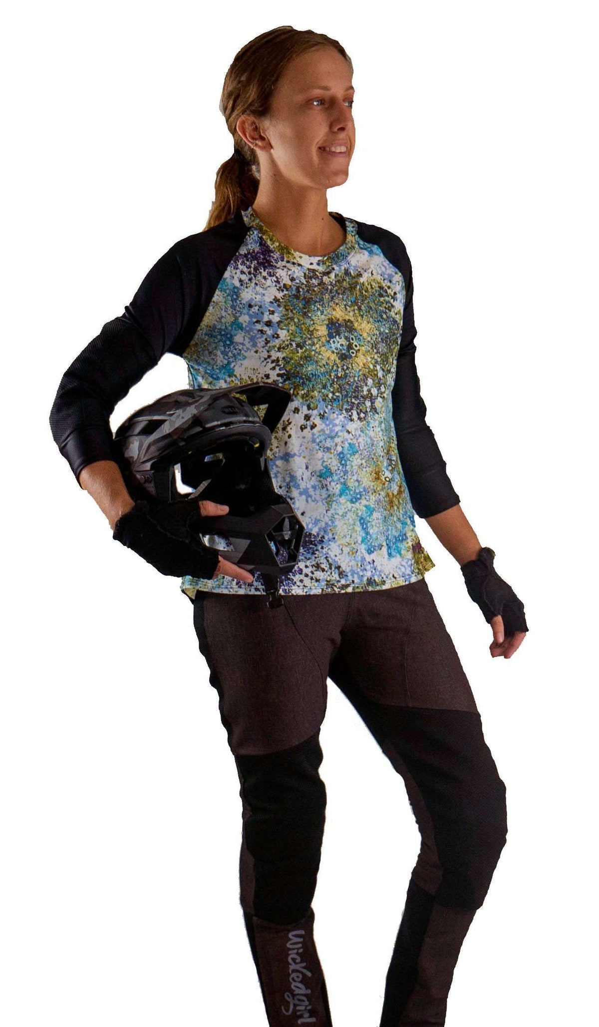 Mountain Bike Jersey Starlight with a colorful pattern, featuring comfortable G-Form elbow pads and durable stretch fabric.