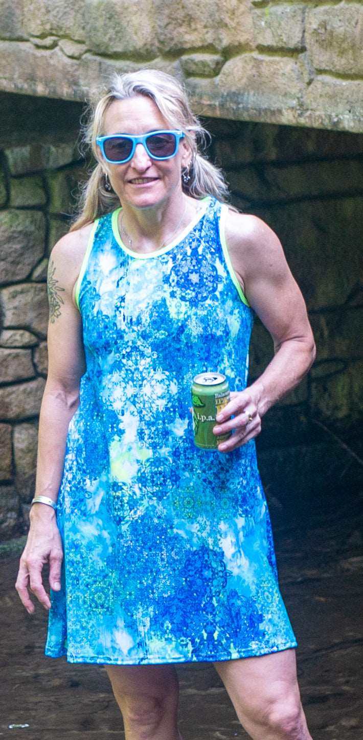 Sports Dress - Bluebird, lightweight performance fabric, scoop neckline, key-hole back, A-line cut.