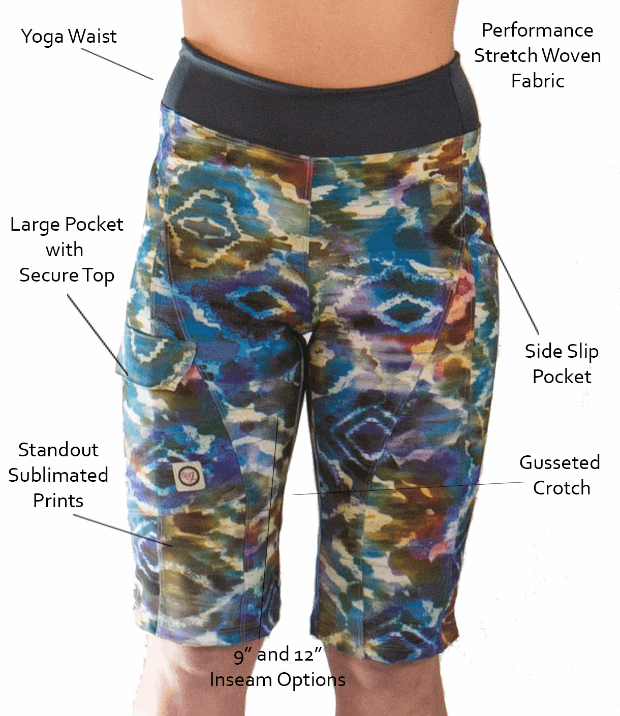 Mountain Short - Groove with colorful design, yoga waist, stretch woven fabric, large pockets, gusseted crotch, and inseam options.