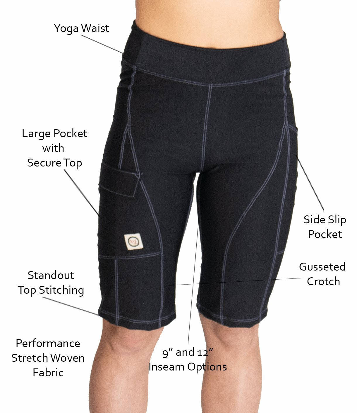 Jet Black mountain bike shorts for women with yoga waist, secure side pockets, and contour design.