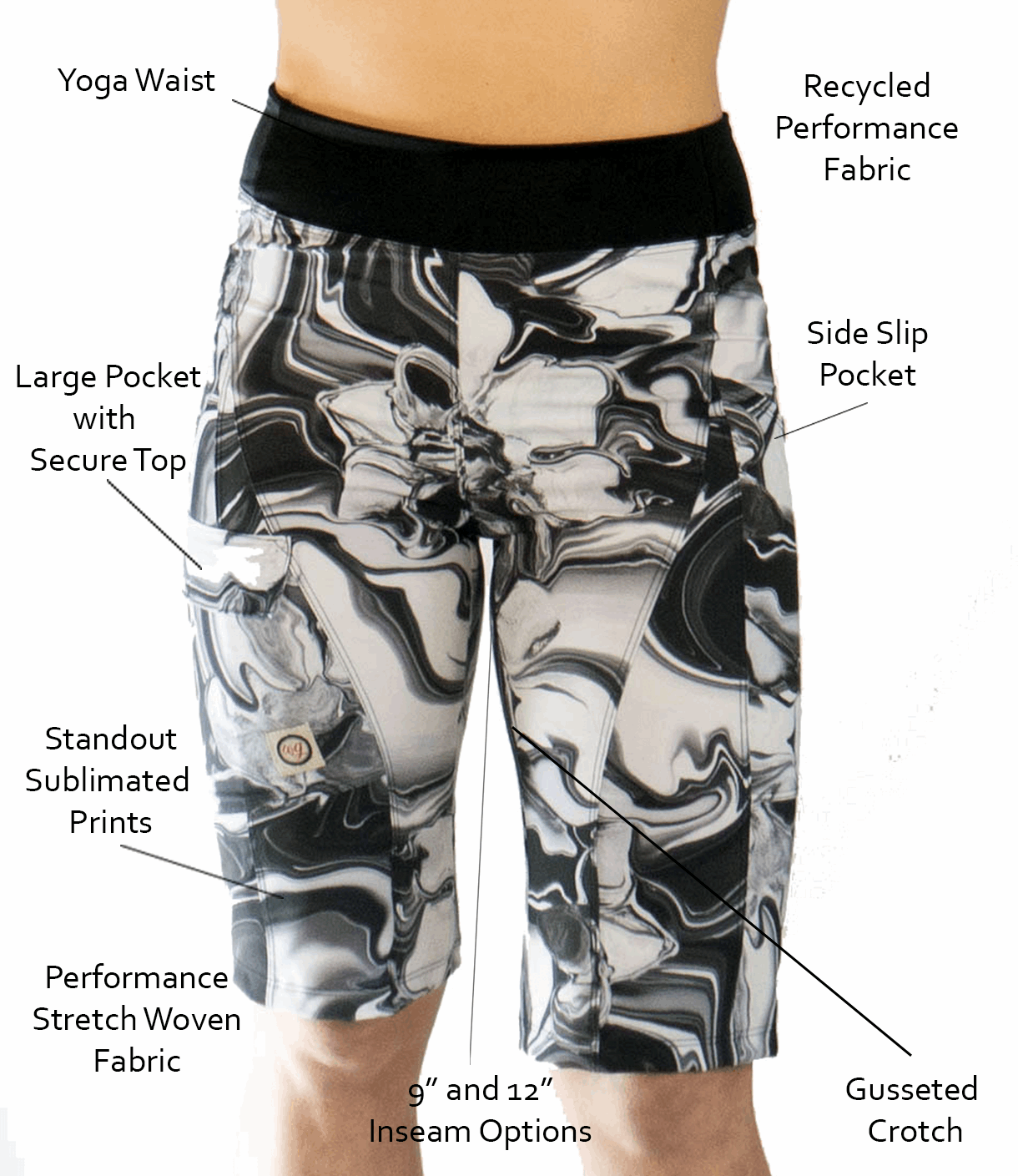 Women's mountain bike shorts, yin and yang print, with contoured elastic waist and large secure pocket.