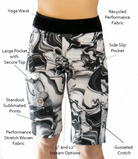 Women's mountain bike shorts, yin and yang print, with contoured elastic waist and large secure pocket.