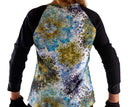 Mountain Bike Top Jet Black with colorful print and elbow pads.