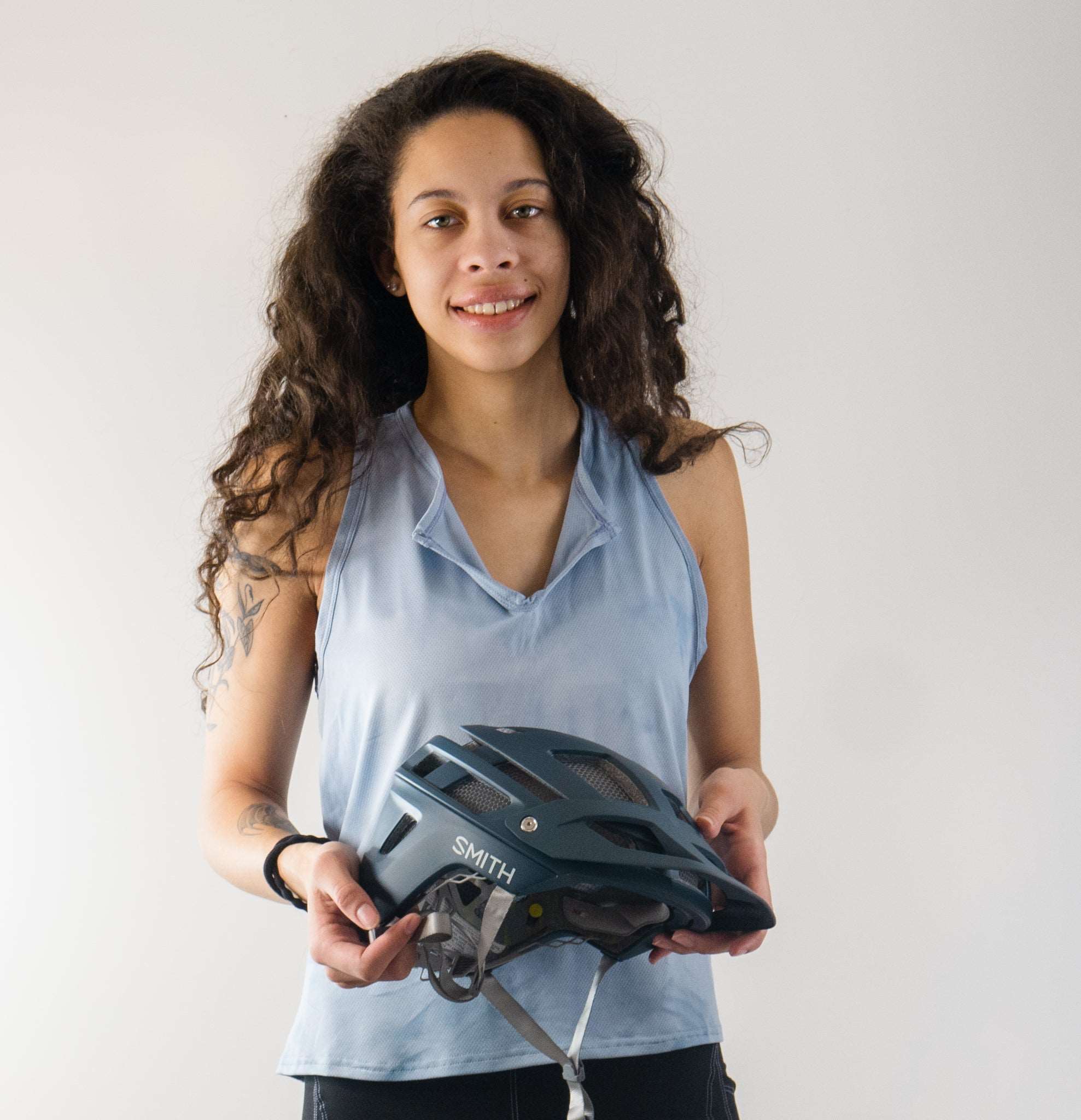 Trail Blazer Mountain Bike Top Misty Blue with breathable fabric and drop V neckline.