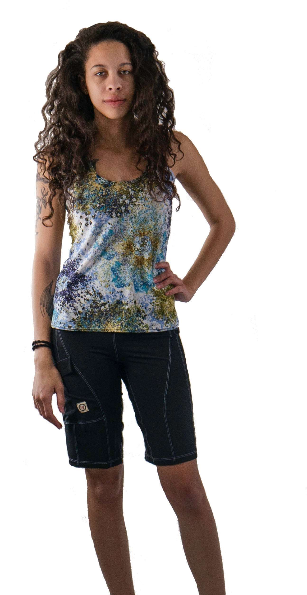 Racerback Starlight tank top with mesh back, two pockets, and colorful design.