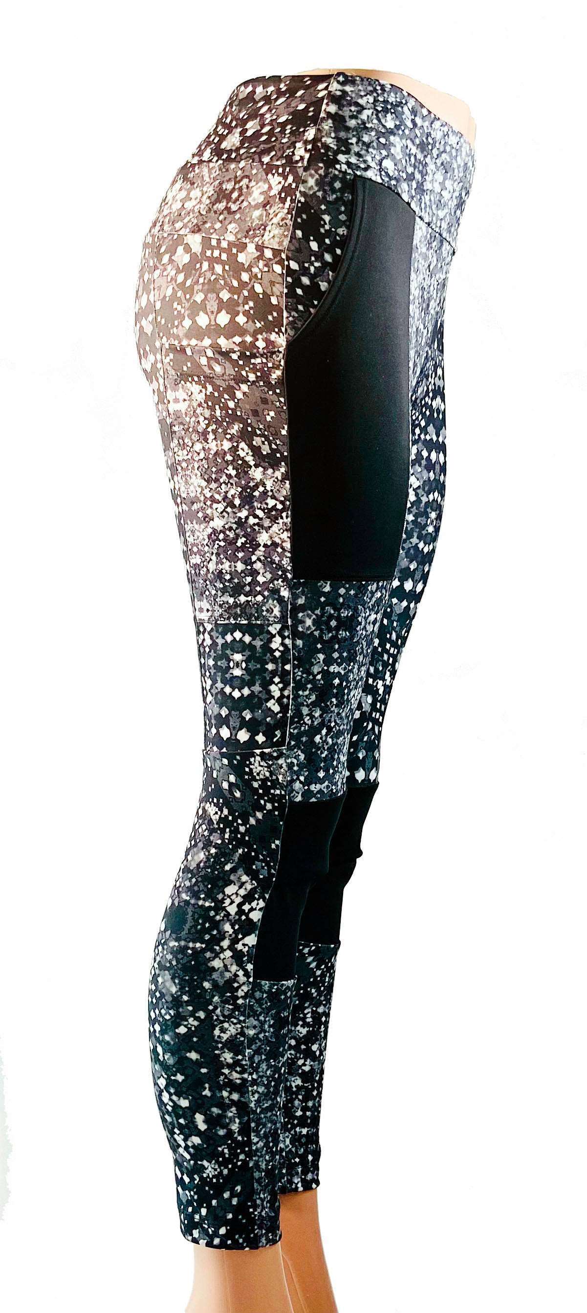 Bike Cycling Pants Galaxy, durable stretch fabric, moisture-wicking, large front pockets, side cell pocket, yoga waistband, flattering design.