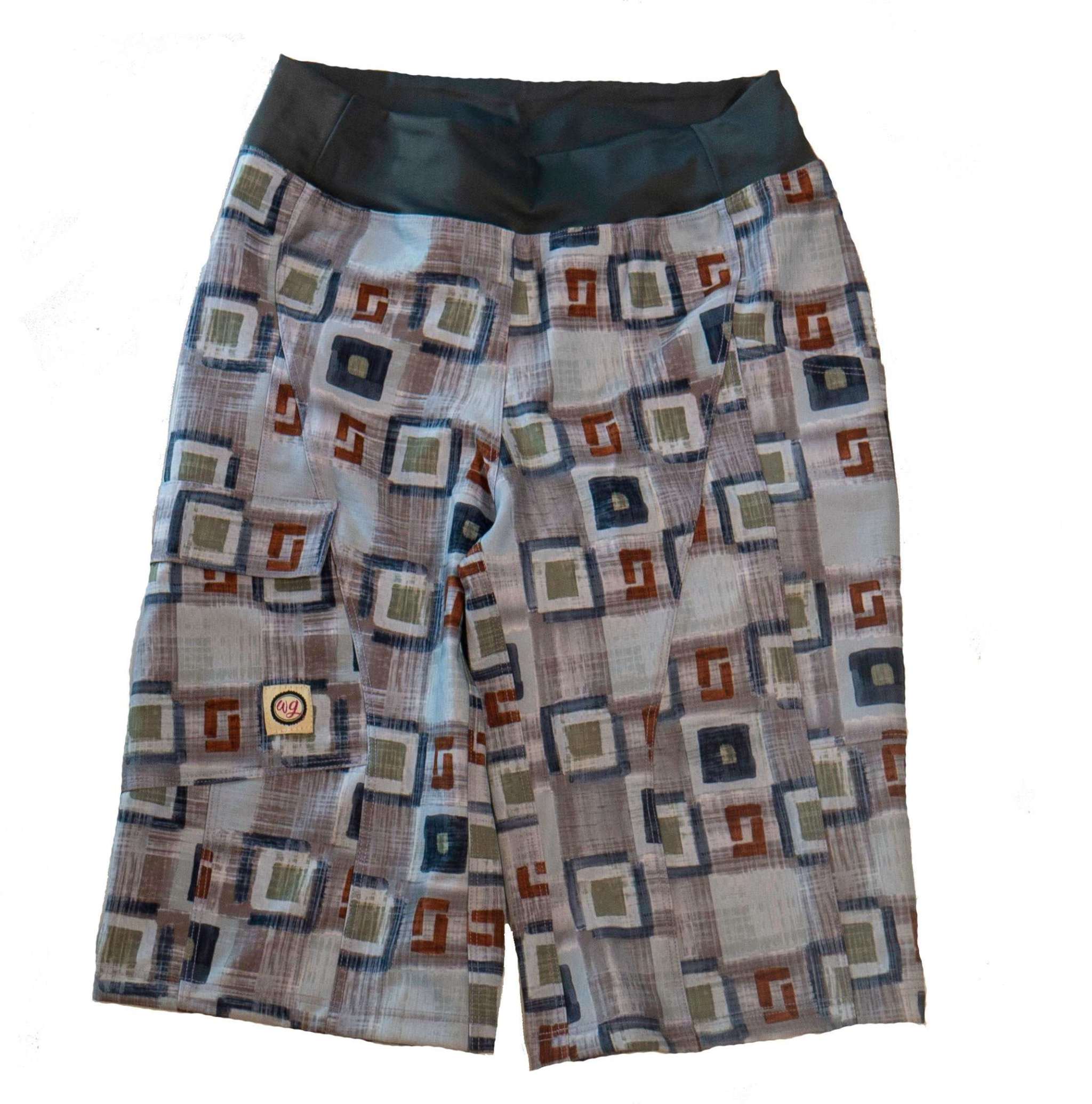 Women's mountain bike shorts, Hopscotch Plaid pattern, featuring a contoured elastic yoga waist and large side pocket.