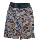 Women's mountain bike shorts, Hopscotch Plaid pattern, featuring a contoured elastic yoga waist and large side pocket.