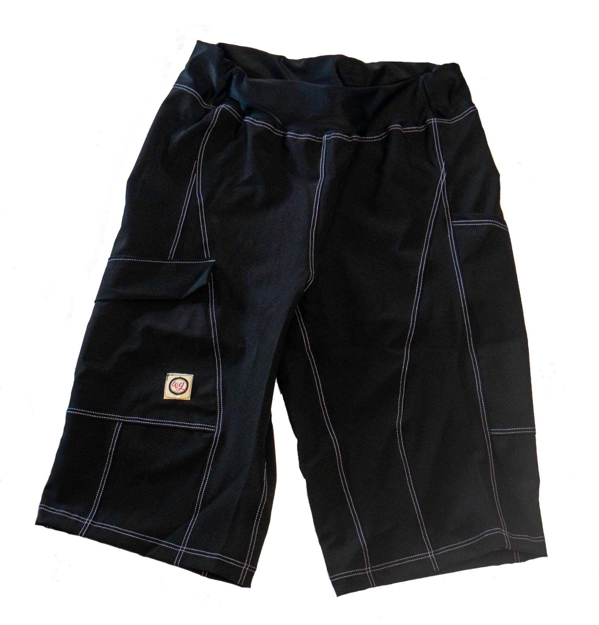 Women's Mountain Short - Jet Black with yoga waistband and pockets, featuring moisture-wicking stretch fabric and purple top stitching.