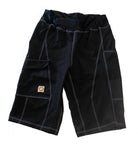 Women's Mountain Short - Jet Black with yoga waistband and pockets, featuring moisture-wicking stretch fabric and purple top stitching.