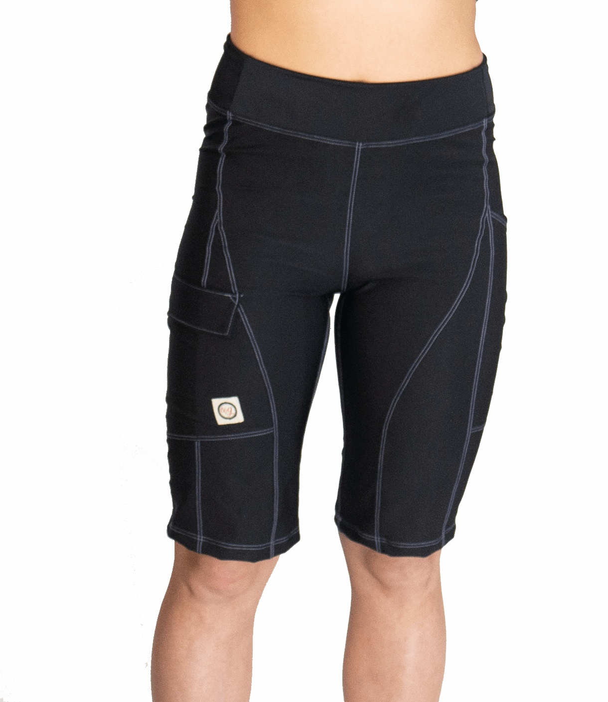 Women's mountain bike shorts in smoke color with stretch poly spandex fabric, comfortable yoga waistband, purple top stitching, gusseted crotch, large side pocket, and moisture-wicking design.
