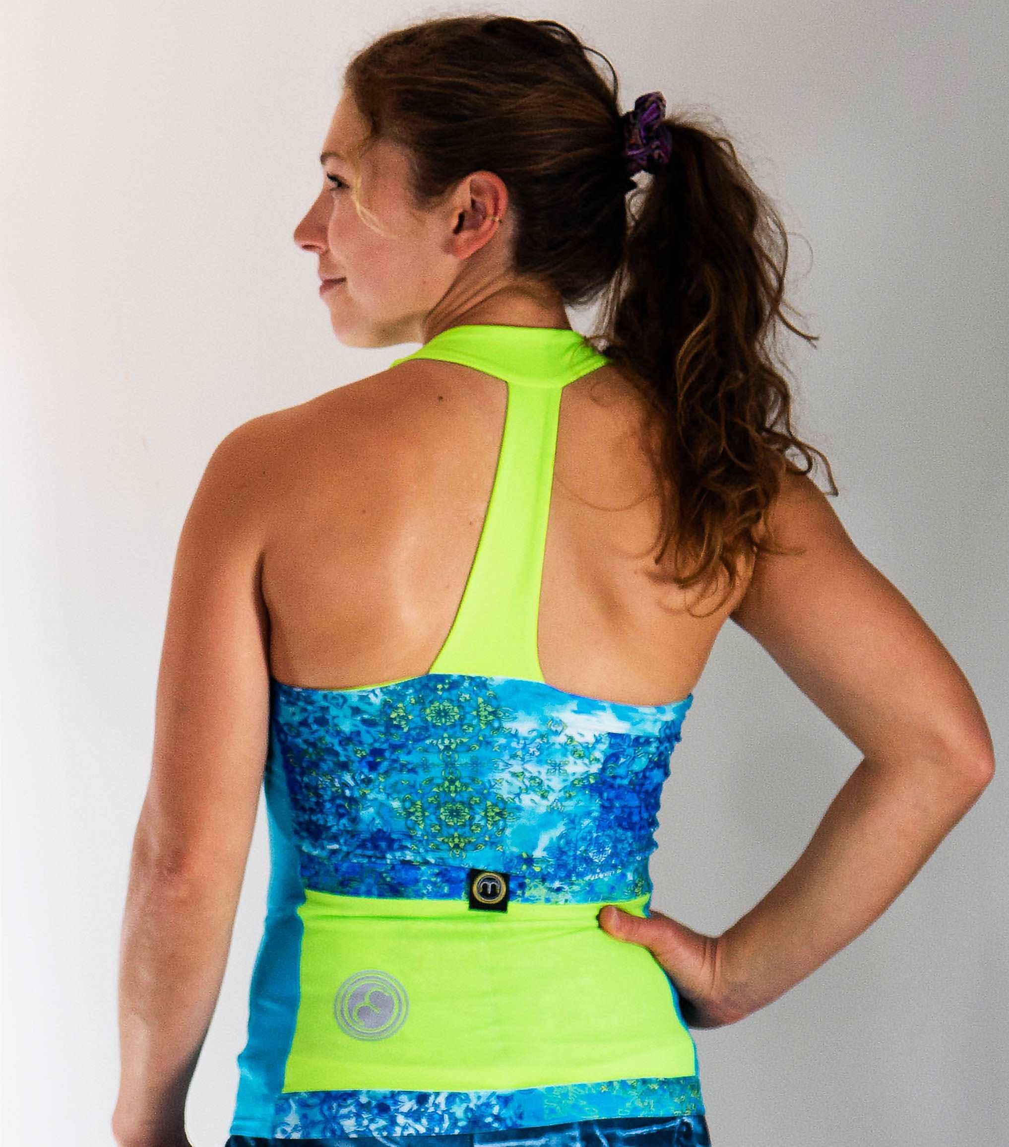 sleeveless cycling jersey with blue and neon green T-back design women's activewear