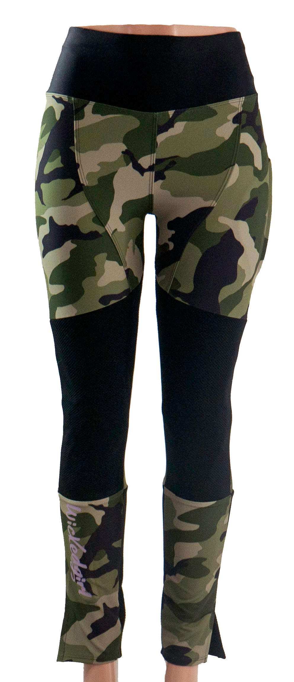 Women's olive camo mountain bike pants with durable fabric and side zip pocket.