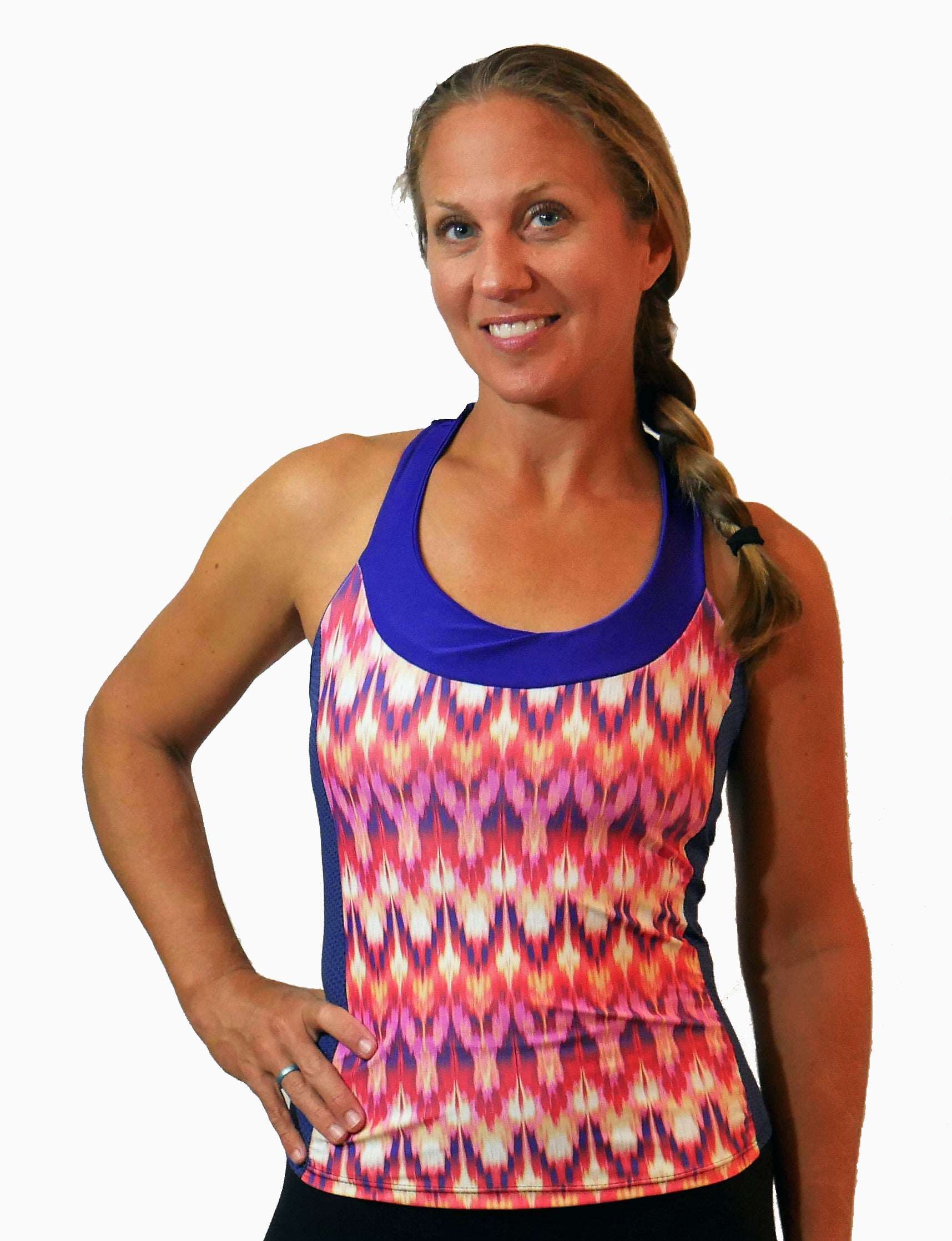 Colorful Moxie T-Back Jersey Mod with scoop neckline and built-in bra, featuring a vibrant print design and moisture-wicking fabric.
