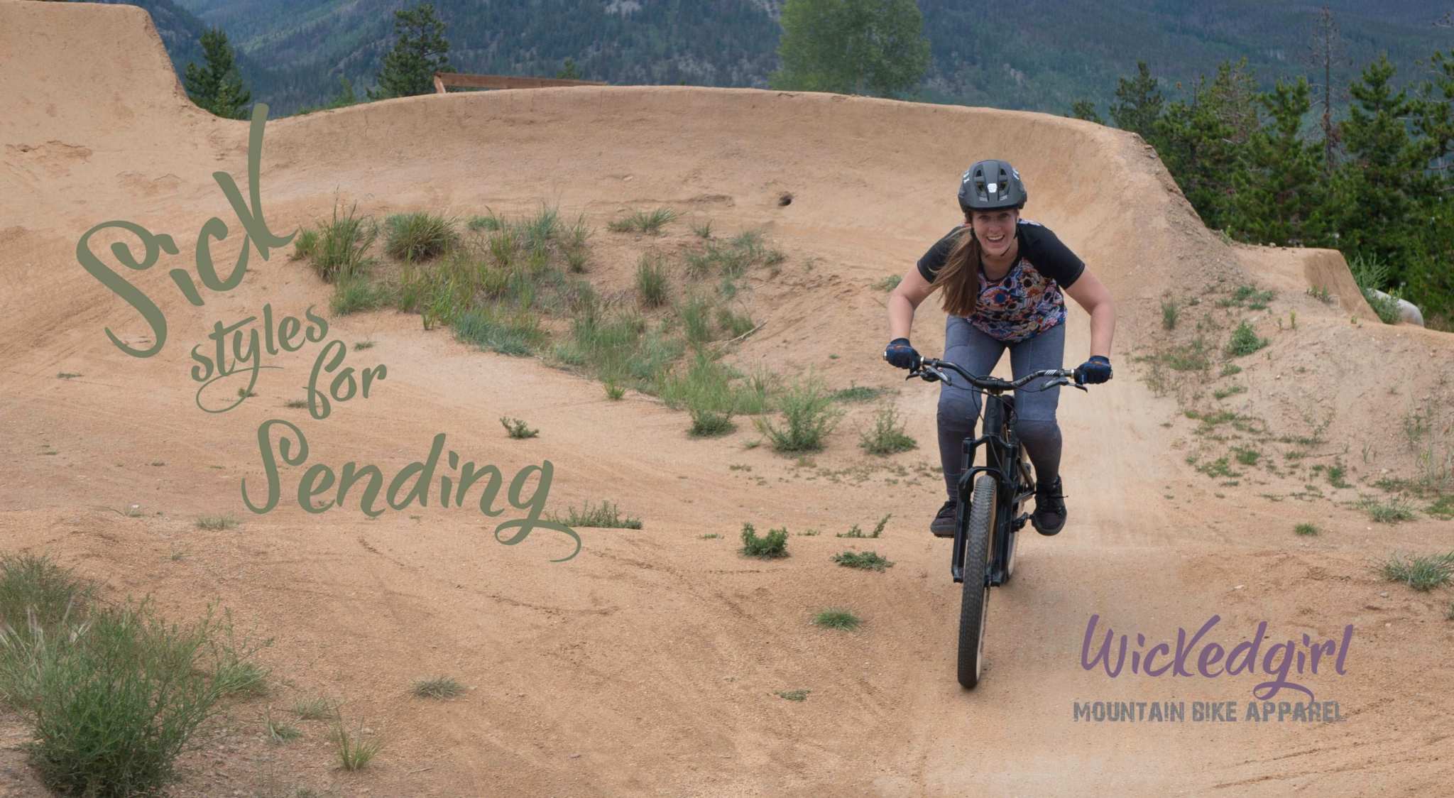 Bike cyclist wearing smoke denim pants on a mountain trail.