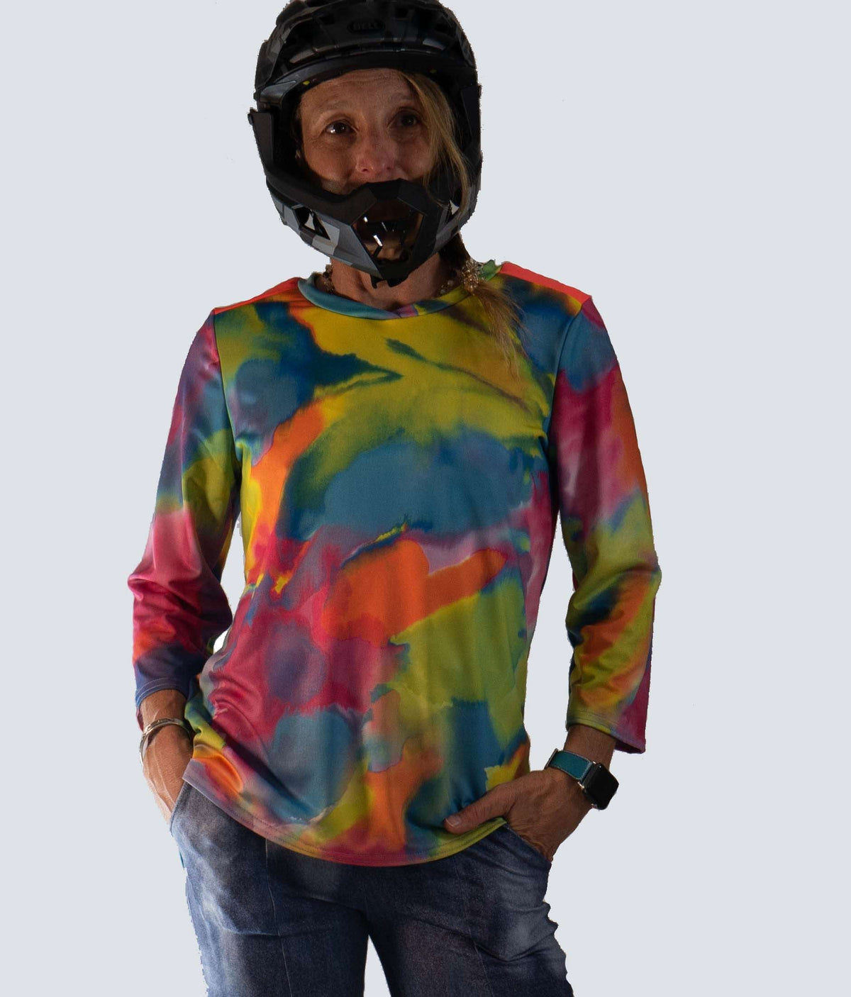 Color Burn Mid Weight Jersey with vibrant colors, loose fit, and moisture-wicking fabric for mountain biking.