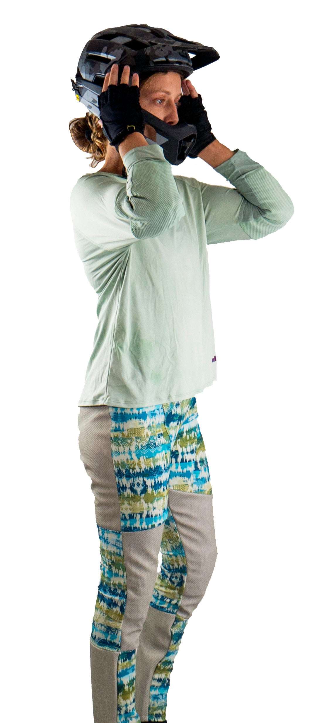 Mountain Bike Jersey Moss with integrated elbow pad pockets, durable and stretchy design.