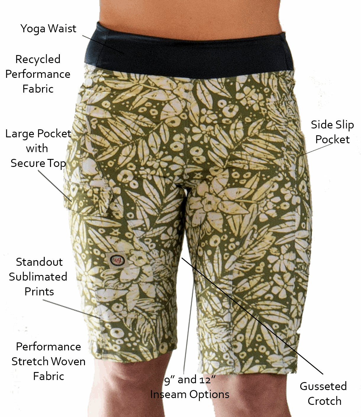 Women's Mountain Short-Peace Leaf with yoga waist and recycled performance fabric; features large pockets and gusseted crotch.