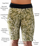 Women's Mountain Short-Peace Leaf with yoga waist and recycled performance fabric; features large pockets and gusseted crotch.