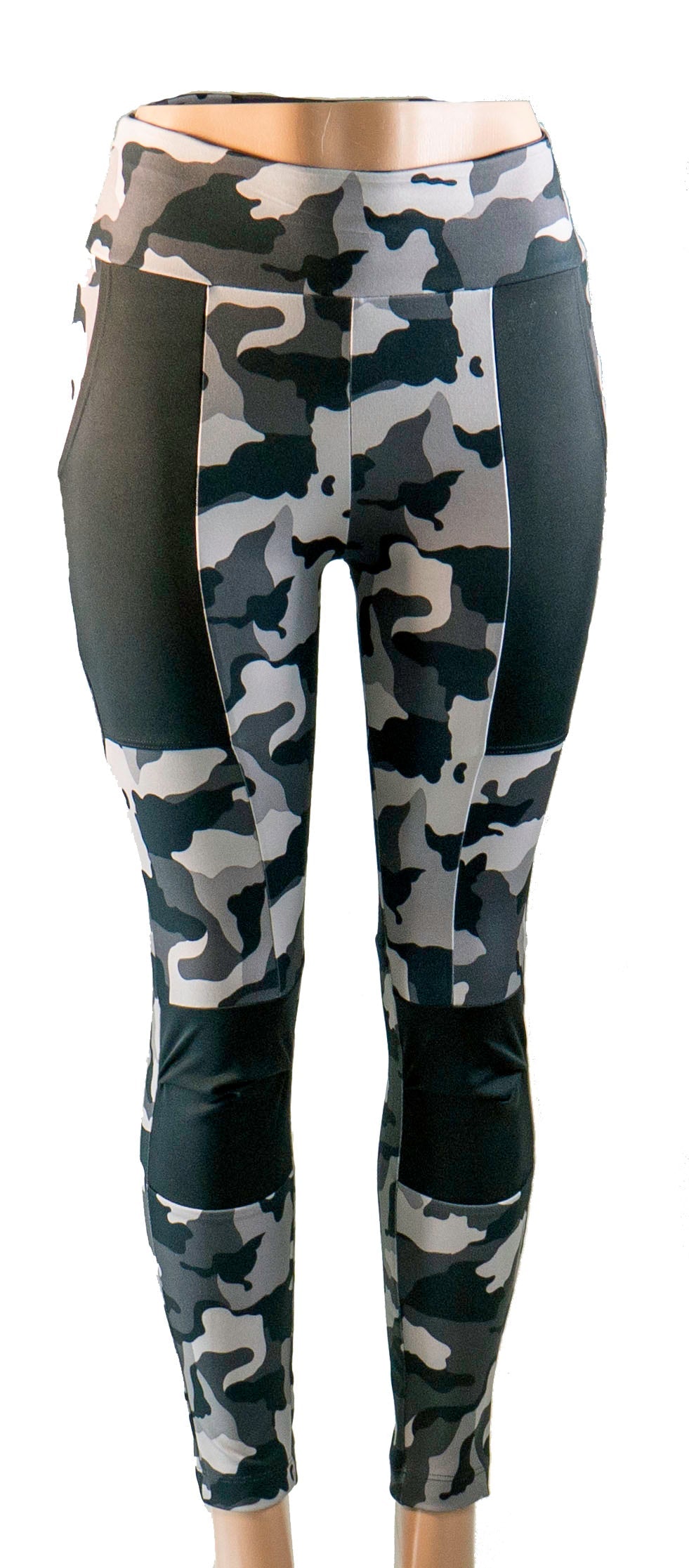 Bike cycling pants in black and white camo with large front pockets and cell pocket, featuring a yoga waistband for comfort and flexibility.