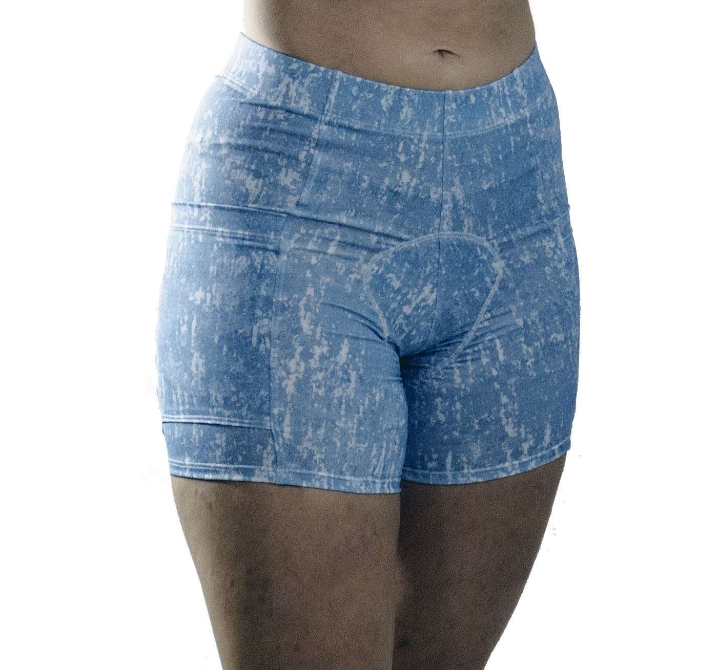 Women's padded bike shorts in blue, designed for comfort and performance fit.