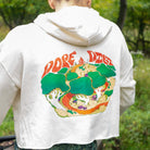 Cropped white Moxie Hoodie in soft fabric, featuring a large colorful mushroom and forest graphic with red lettering on the back.