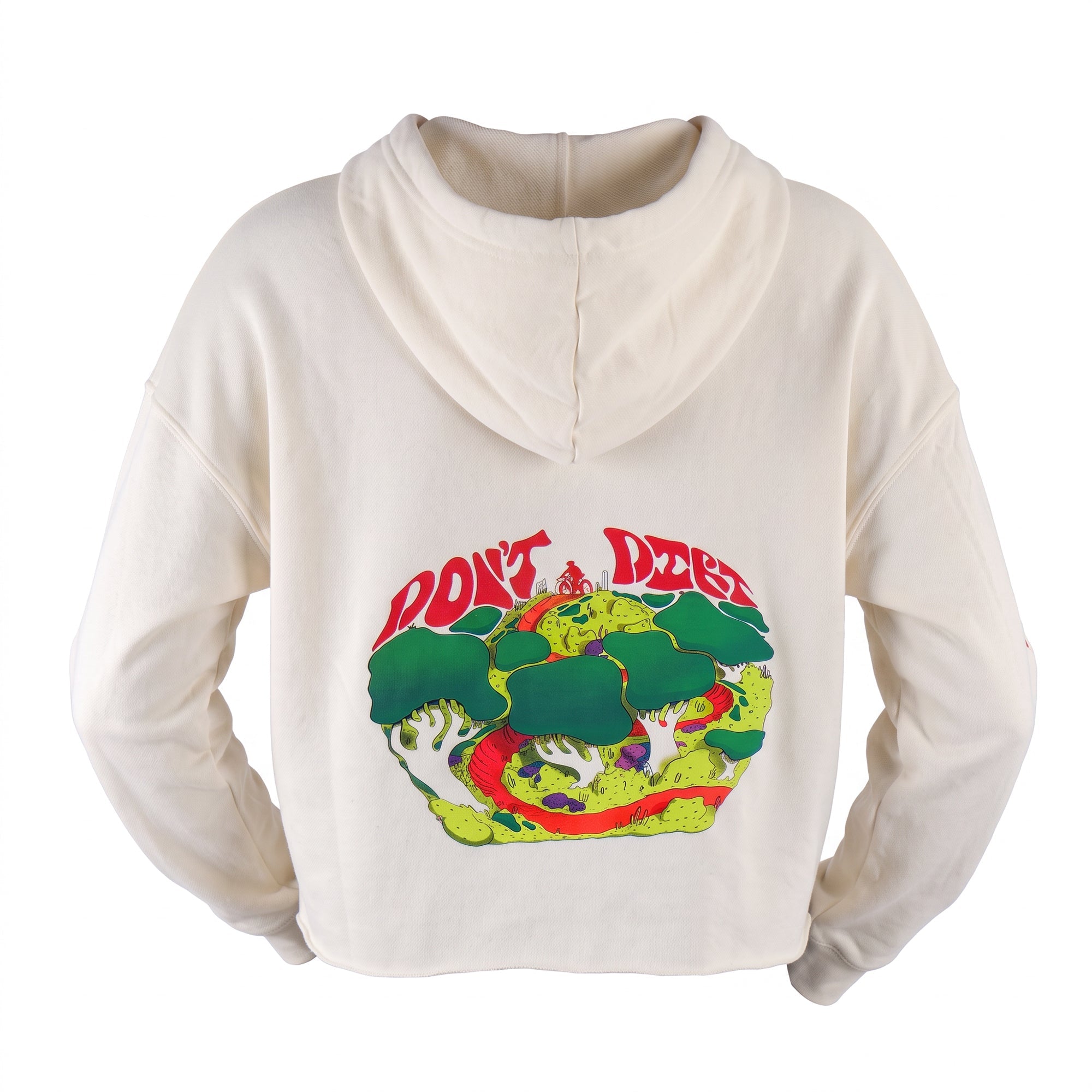 Cropped Moxie Hoodie in cream fabric with a colorful graphic print across the back and a relaxed hood.