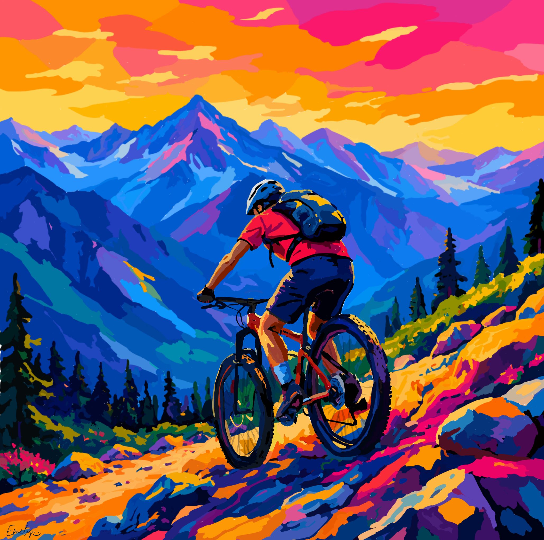 A vibrant, stylized mountain biking scene with a cyclist riding up a rocky trail, set against a backdrop of blue and purple mountains and a bright orange, pink, and yellow sunset sky.